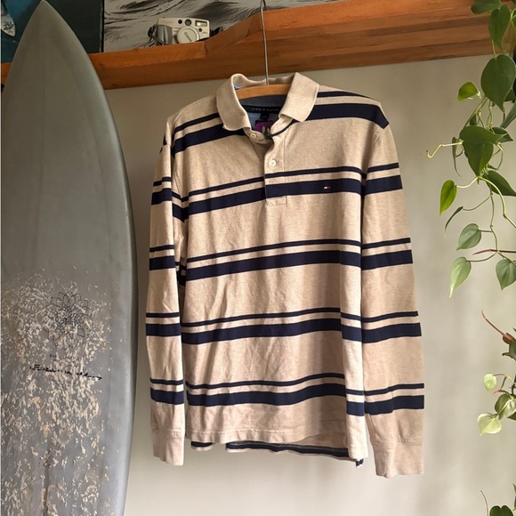 TOMMY HILFIGER long sleeve polo Medium men strippef - Picture 1 of 4
